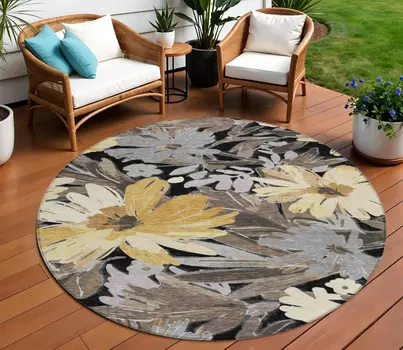 8' Black And Gray Round Floral Washable Indoor Outdoor Area Rug