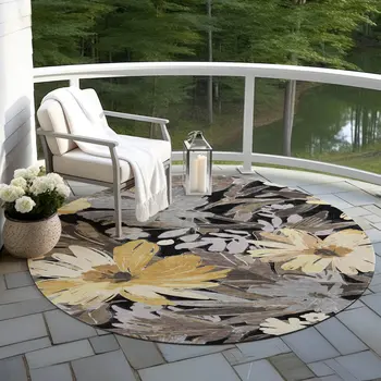 8' Black And Gray Round Floral Washable Indoor Outdoor Area Rug