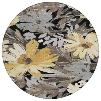 8' Black And Gray Round Floral Washable Indoor Outdoor Area Rug