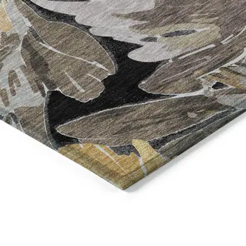 8' Black And Gray Round Floral Washable Indoor Outdoor Area Rug