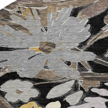 8' Black And Gray Round Floral Washable Indoor Outdoor Area Rug