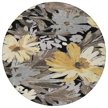 8' Black And Gray Round Floral Washable Indoor Outdoor Area Rug