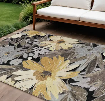 9' X 12' Black And Gray Floral Washable Indoor Outdoor Area Rug