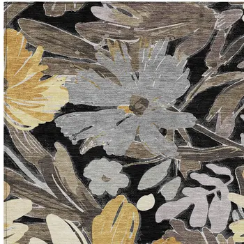 10' X 14' Black And Gray Floral Washable Indoor Outdoor Area Rug