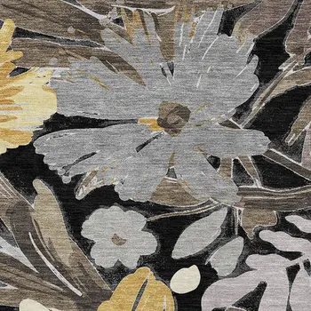 10' X 14' Black And Gray Floral Washable Indoor Outdoor Area Rug