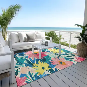 3' X 5' Blush And Pink Floral Washable Indoor Outdoor Area Rug
