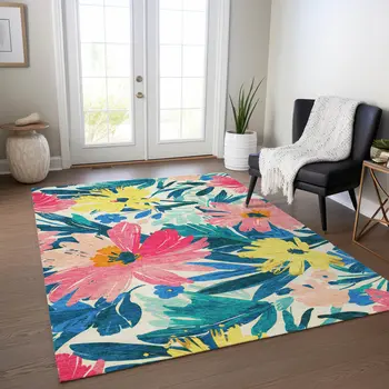 3' X 5' Blush And Pink Floral Washable Indoor Outdoor Area Rug