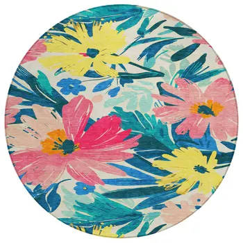8' Blush And Pink Round Floral Washable Indoor Outdoor Area Rug