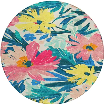 8' Blush And Pink Round Floral Washable Indoor Outdoor Area Rug
