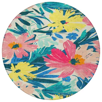 8' Blush And Pink Round Floral Washable Indoor Outdoor Area Rug