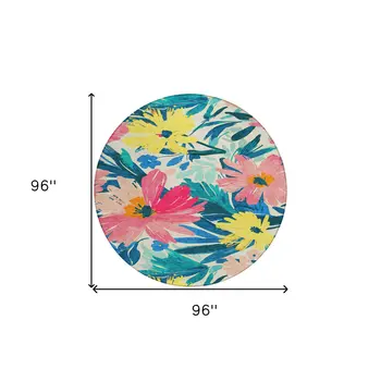 8' Blush And Pink Round Floral Washable Indoor Outdoor Area Rug