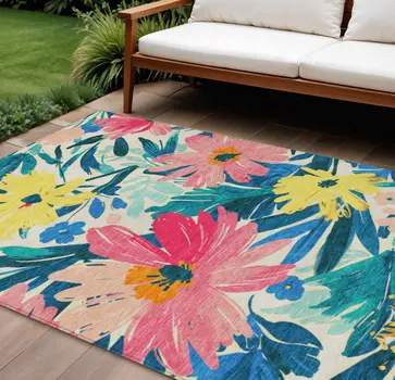 10' X 14' Blush And Pink Floral Washable Indoor Outdoor Area Rug