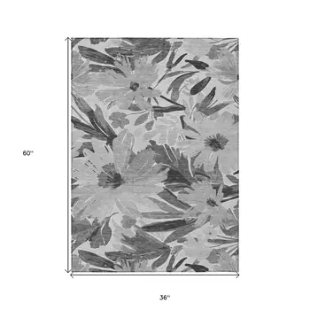 3' X 5' Gray And Charcoal Floral Washable Indoor Outdoor Area Rug