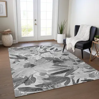 3' X 5' Gray And Charcoal Floral Washable Indoor Outdoor Area Rug