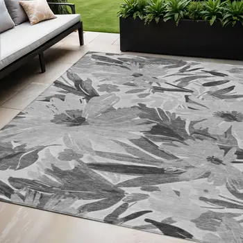 5' X 8' Gray And Charcoal Floral Washable Indoor Outdoor Area Rug