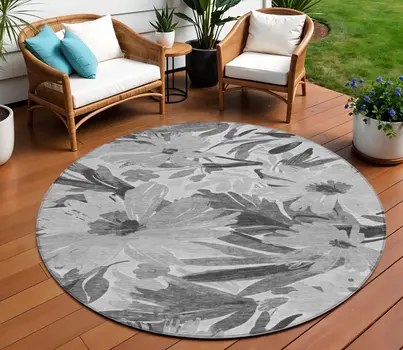 8' Gray And Charcoal Round Floral Washable Indoor Outdoor Area Rug