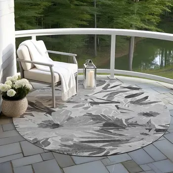 8' Gray And Charcoal Round Floral Washable Indoor Outdoor Area Rug