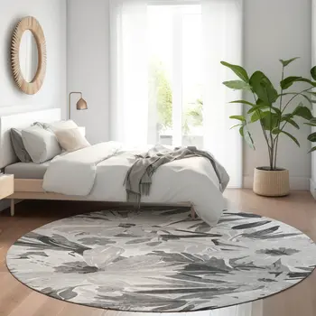 8' Gray And Charcoal Round Floral Washable Indoor Outdoor Area Rug