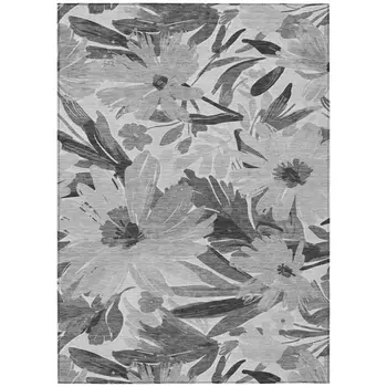 8' X 10' Gray And Charcoal Floral Washable Indoor Outdoor Area Rug