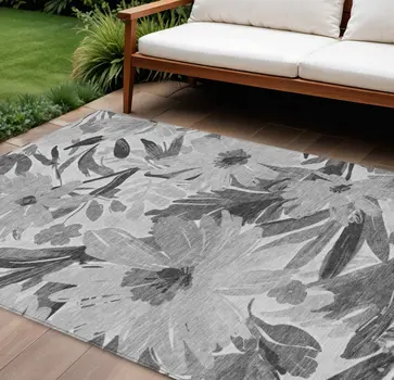 9' X 12' Gray And Charcoal Floral Washable Indoor Outdoor Area Rug