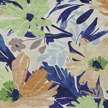 3' X 5' Navy Blue And Beige Floral Washable Indoor Outdoor Area Rug
