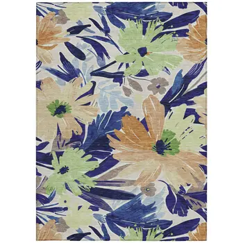 5' X 8' Navy Blue And Beige Floral Washable Indoor Outdoor Area Rug