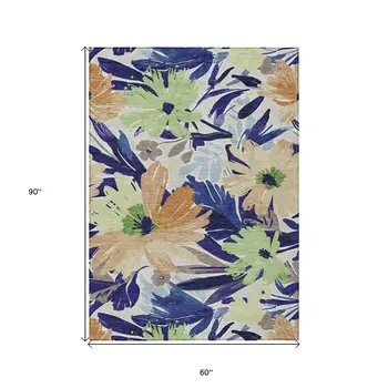 5' X 8' Navy Blue And Beige Floral Washable Indoor Outdoor Area Rug