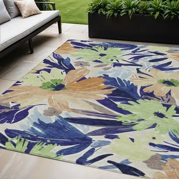 5' X 8' Navy Blue And Beige Floral Washable Indoor Outdoor Area Rug