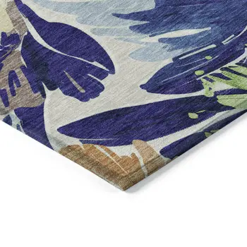 5' X 8' Navy Blue And Beige Floral Washable Indoor Outdoor Area Rug
