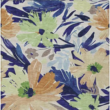5' X 8' Navy Blue And Beige Floral Washable Indoor Outdoor Area Rug