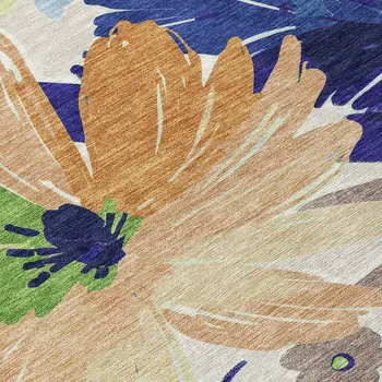 5' X 8' Navy Blue And Beige Floral Washable Indoor Outdoor Area Rug