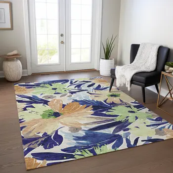 5' X 8' Navy Blue And Beige Floral Washable Indoor Outdoor Area Rug