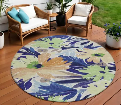 8' Navy Blue And Beige Round Floral Washable Indoor Outdoor Area Rug