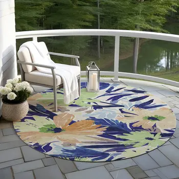 8' Navy Blue And Beige Round Floral Washable Indoor Outdoor Area Rug