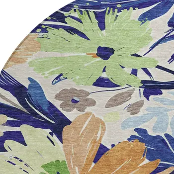 8' Navy Blue And Beige Round Floral Washable Indoor Outdoor Area Rug
