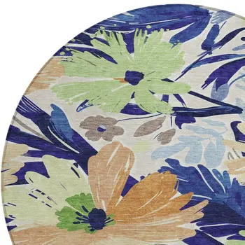 8' Navy Blue And Beige Round Floral Washable Indoor Outdoor Area Rug