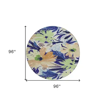 8' Navy Blue And Beige Round Floral Washable Indoor Outdoor Area Rug
