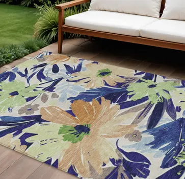 8' X 10' Navy Blue And Beige Floral Washable Indoor Outdoor Area Rug