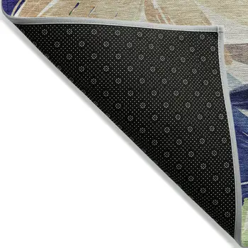 8' X 10' Navy Blue And Beige Floral Washable Indoor Outdoor Area Rug
