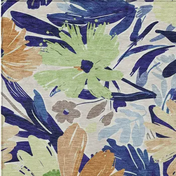8' X 10' Navy Blue And Beige Floral Washable Indoor Outdoor Area Rug