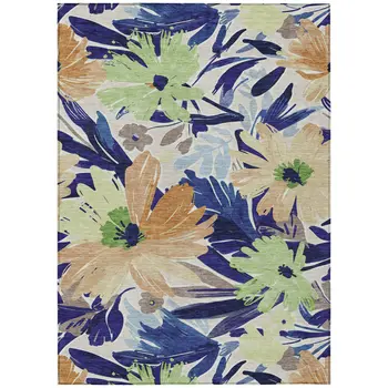 10' X 14' Navy Blue And Beige Floral Washable Indoor Outdoor Area Rug