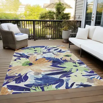 10' X 14' Navy Blue And Beige Floral Washable Indoor Outdoor Area Rug