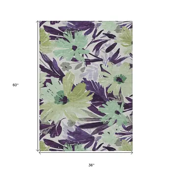 3' X 5' Purple And Lavender Floral Washable Indoor Outdoor Area Rug