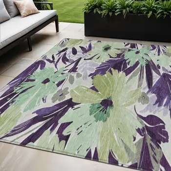 5' X 8' Purple And Lavender Floral Washable Indoor Outdoor Area Rug