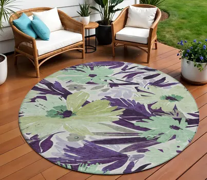 8' Purple And Lavender Round Floral Washable Indoor Outdoor Area Rug