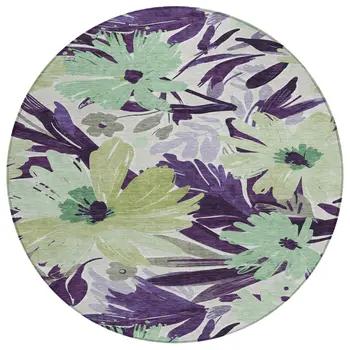 8' Purple And Lavender Round Floral Washable Indoor Outdoor Area Rug