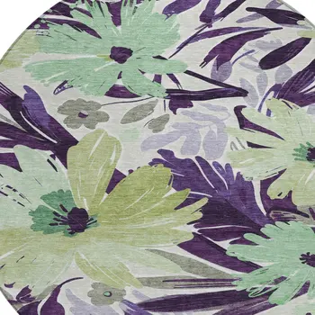 8' Purple And Lavender Round Floral Washable Indoor Outdoor Area Rug