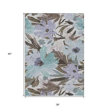 3' X 5' Taupe And Lilac Floral Washable Indoor Outdoor Area Rug