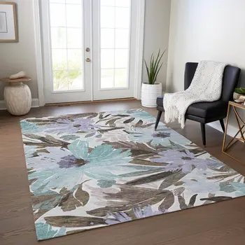 3' X 5' Taupe And Lilac Floral Washable Indoor Outdoor Area Rug