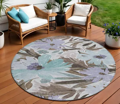 8' Taupe And Lilac Round Floral Washable Indoor Outdoor Area Rug